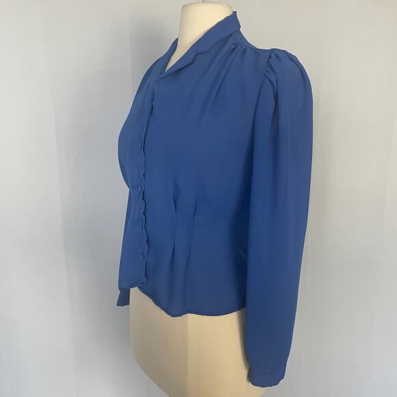 Vintage Blouse Top Size XS Small Royal Blue Puff Sleeve Secretary Retro Twee - Picture 6 of 13